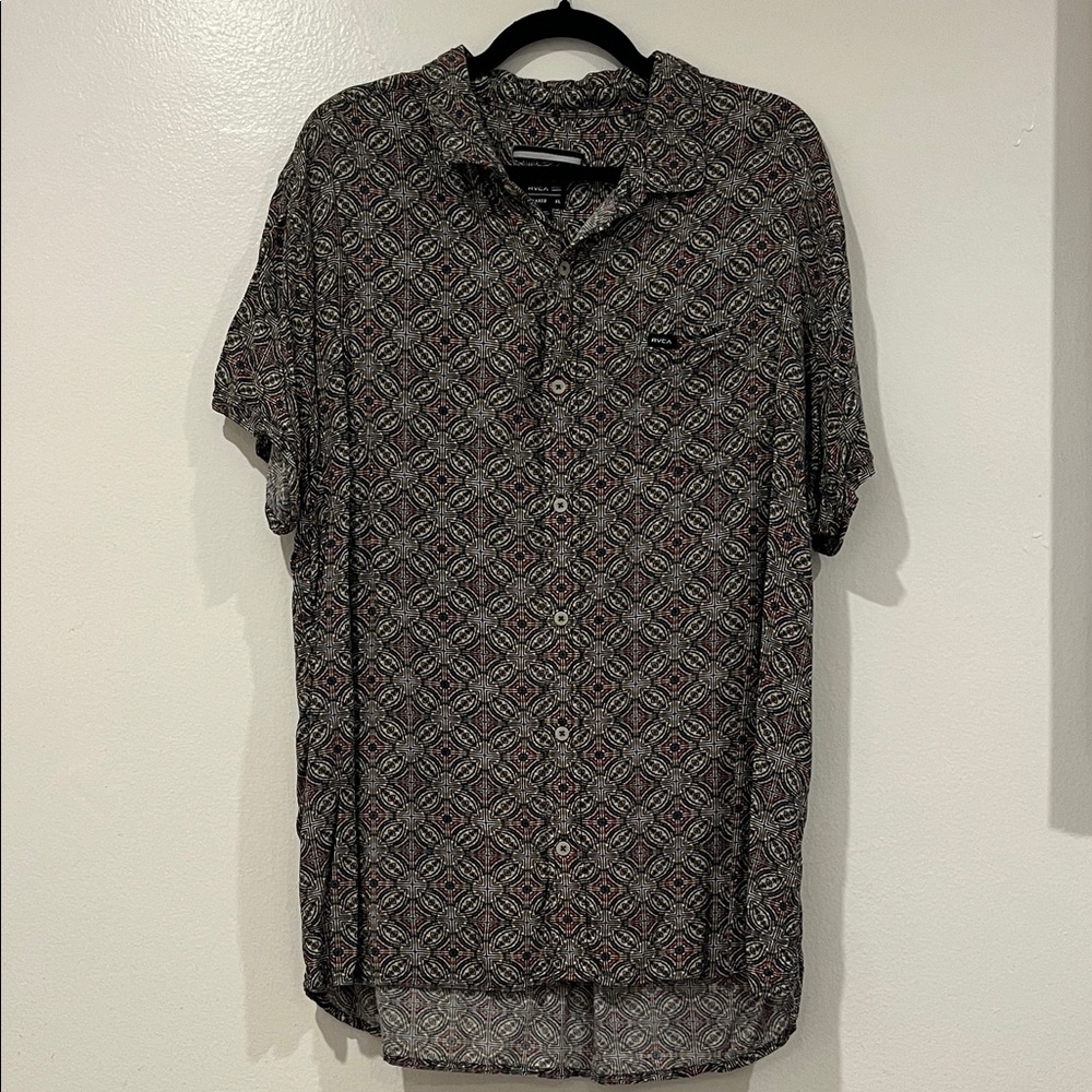 RVCA Geometric Patterned Button Down Shirt - Blac… - image 1